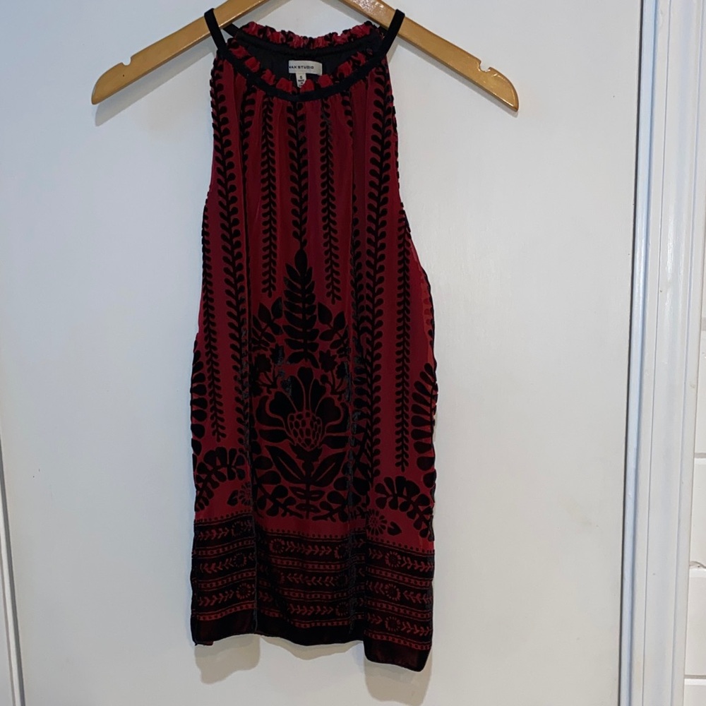 Max Studio Burgundy and Black Patterned Halter Top
